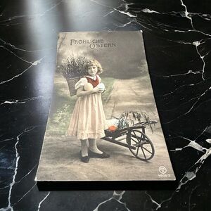 Vtg 1913 Frohliche Ostern Happy Easter Art Postcard Swiss Miss with Colored Eggs